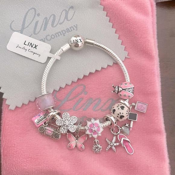 Linx Snake Chain Bracelet with Pink Summer Themed Charms 925 Sterling Silver